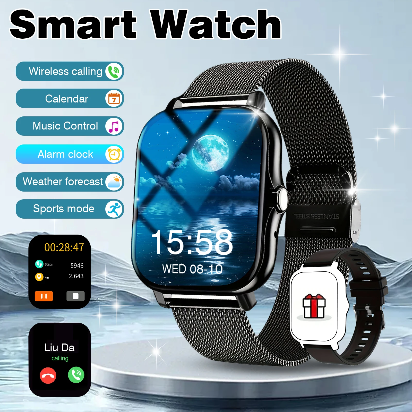 

2025 Fitness Smart Watch for Men Women: Magnetic Mesh Stainless Steel Strap Wireless Calling Sports Mode Music Control