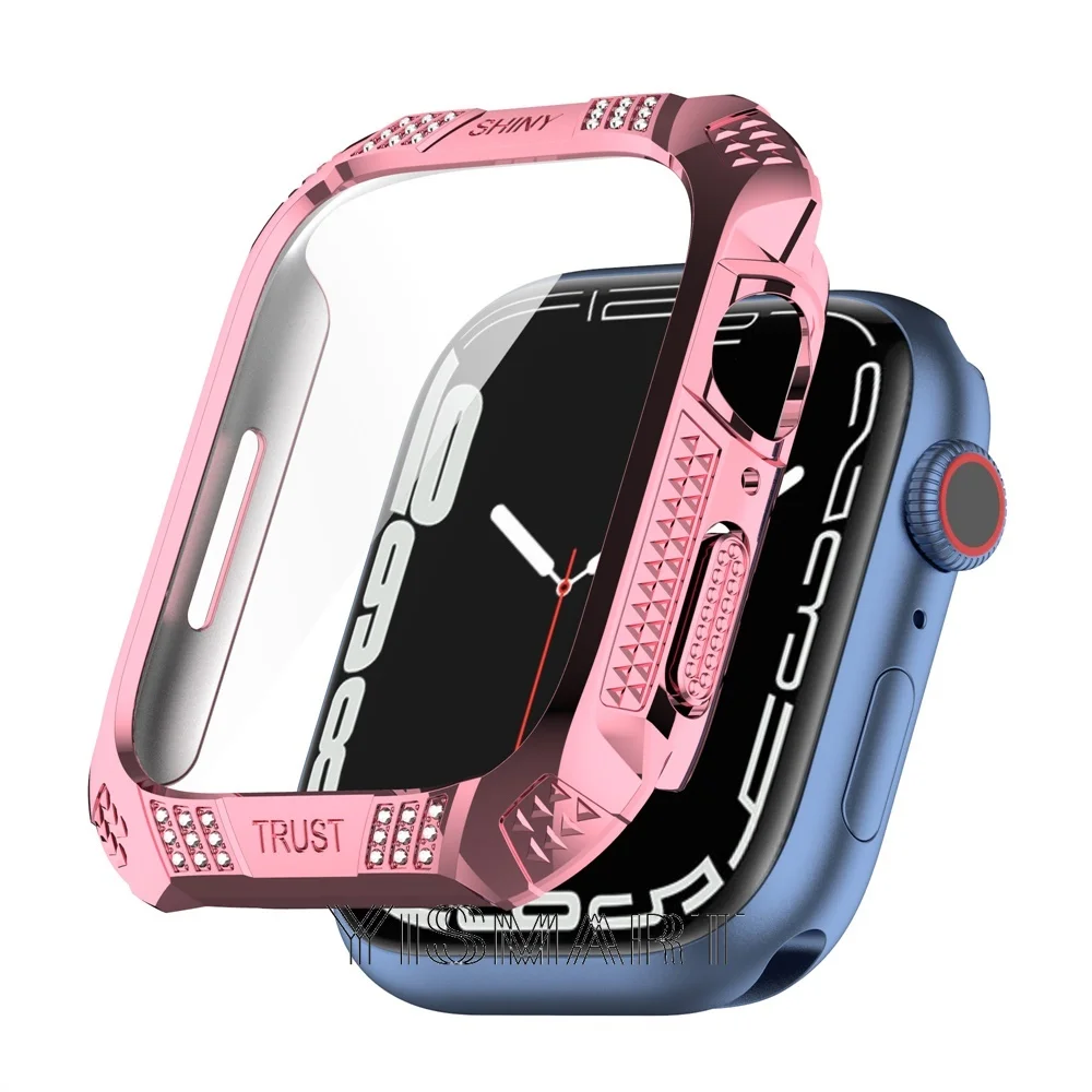 Bling Case for Apple Watch Series 7 45mm 41mm PC+Glass Screen Protector iWatch 7 Diamond Plated Cover Shockproof Bumper