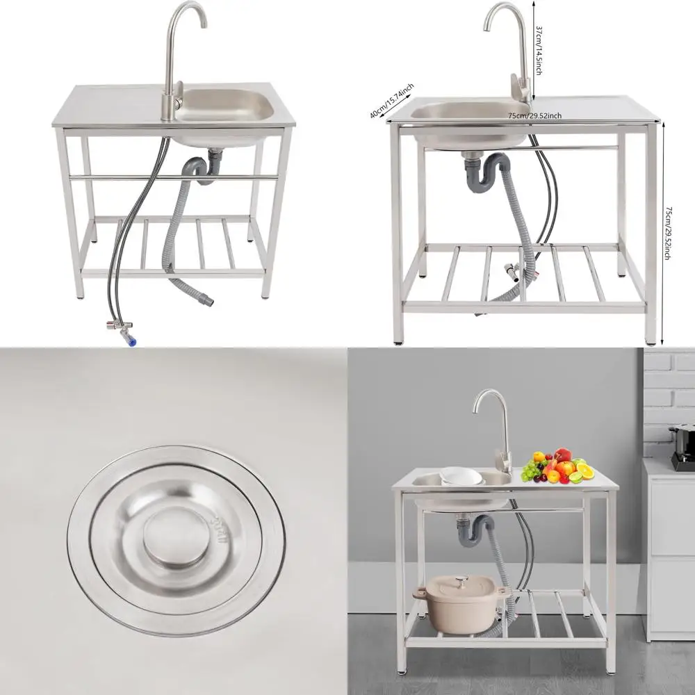 

Stainless Steel Sink Free Standing Kitchen Sink with Storage Shelf Outdoor Single Bowl Sinks with Workbench for Kitchen Restaura