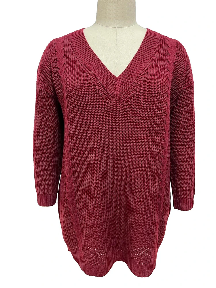 

Red Loose Mid Length Women Sweater Autumn Winter Plus Size Fashion Versatile V Neck Long Sleeve Knitwear Top