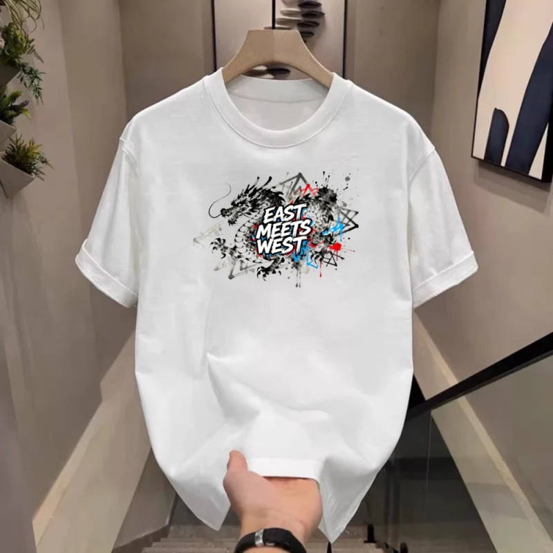 

Women's Short-sleeved T-shirt Featuring "EAST MEETS WEST" Print Round Neck Loose Fit Couple Style Summer Top Women's Clothing
