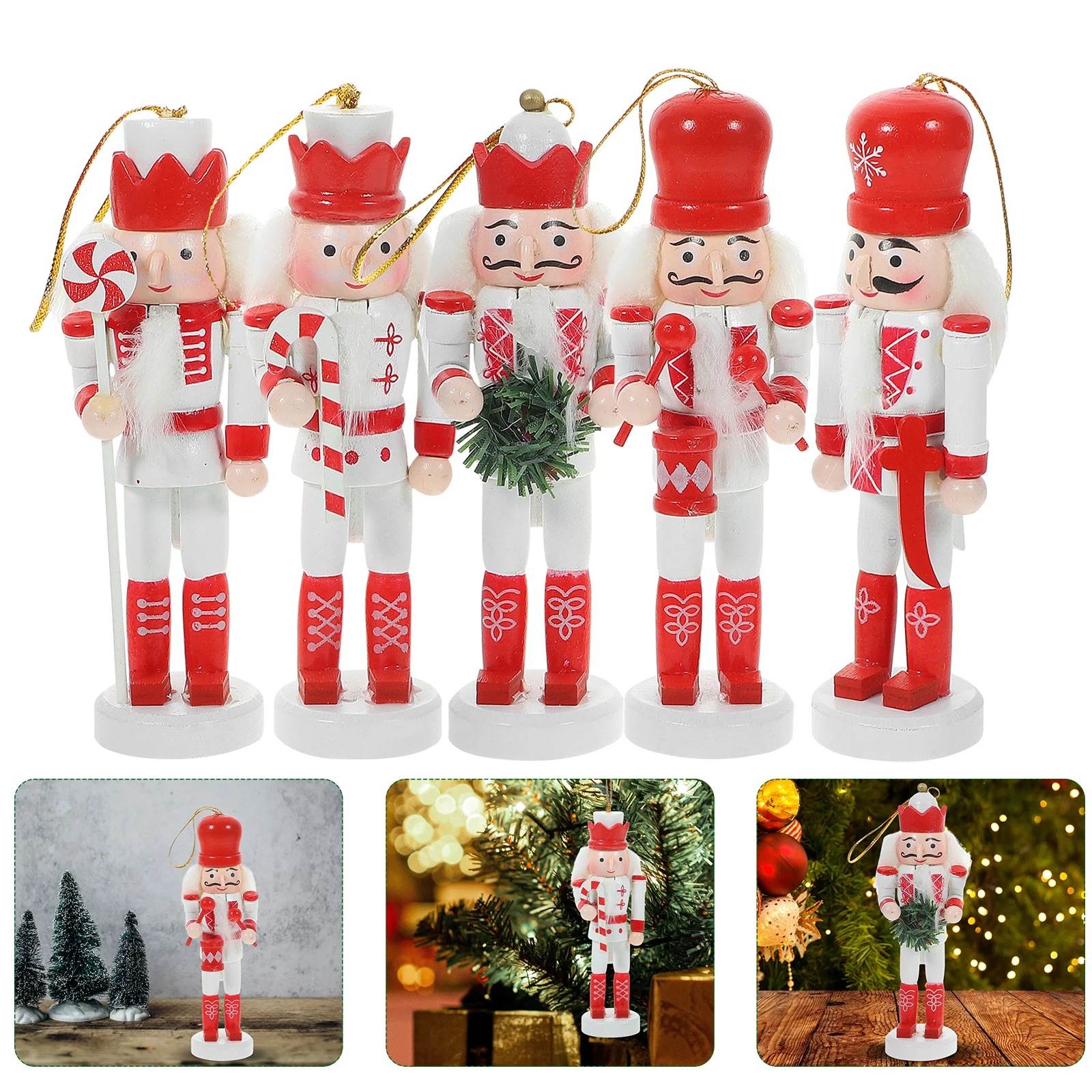 

5pcs Wooden Nutcracker Ornament Hanging Christmas Decor Xmas Tree Decoration Small Wood Puppet Gift For Home Office Festival