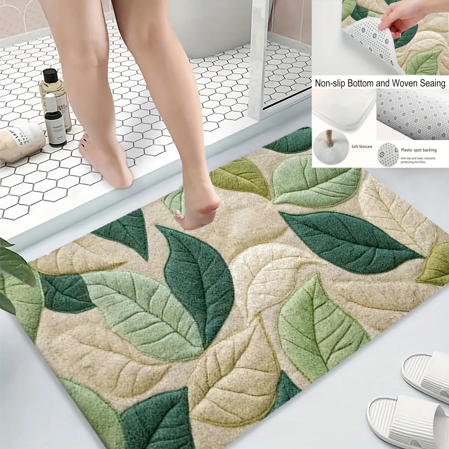 Green Leaf Pattern Bath Mat, Soft Flannel Non-Slip Rug,  for Bathroom, Kitchen, Entryway, Shower Decor, Housewarming Gift