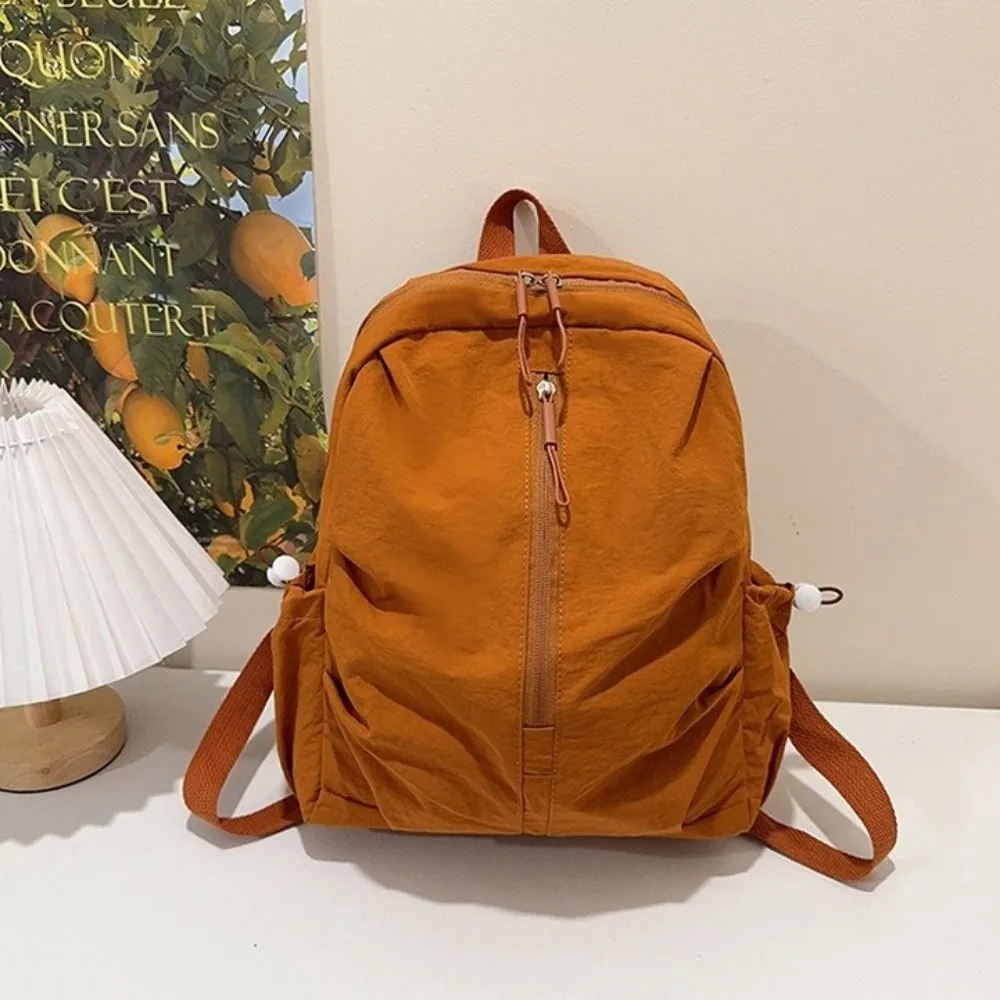 Casual Pleated Nylon Backpack Solid Color Large Capacity Rucksack Durable Lightweight Student School Bag Travel