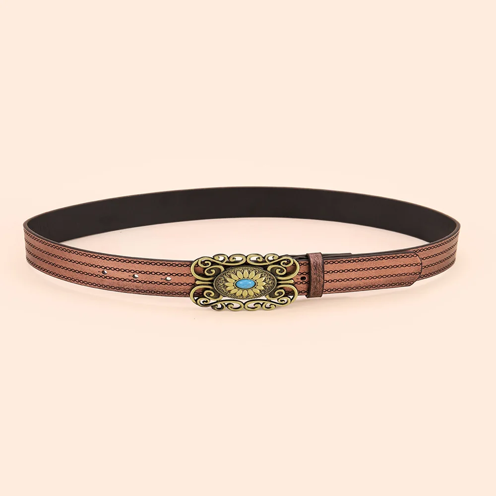 Fashion Embossed Strap with Gold Zinc Alloy Floral Buckle with Turquoise Belts for Women