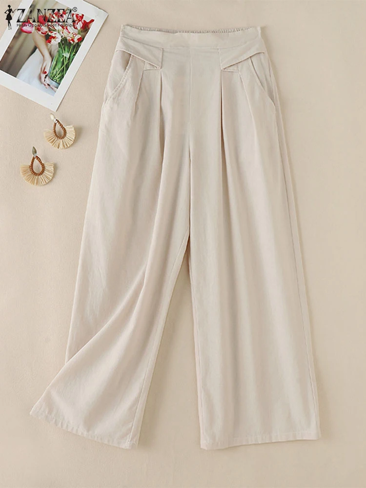 

ZANZEA Women Long Pantalon Cotton Trousers Autumn Casual Elastic Waist Solid Vintage Wide Leg Pants Loose Work Palazzo Oversize