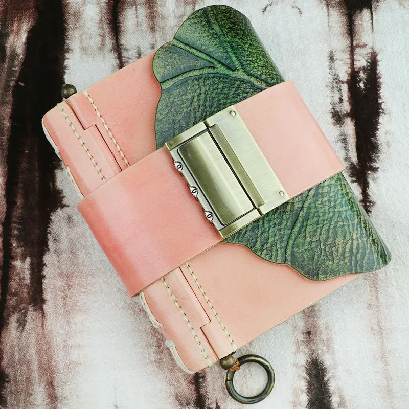 Locked Leather Notebook Handmade Cowhide Encrypted Diary Pink Lotus Leaf Vegetable Tanned Leather Thickened Confidential Notepad
