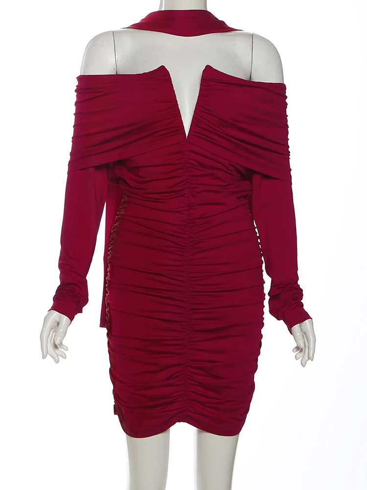 Nibber Lange Sjaal + Off-Shoulder Jurk Vrouwen Lange Mouw Plooien v-hals Perzik Butt Skinny Hoge Elasticiteit Party hipster Mini Bodycon