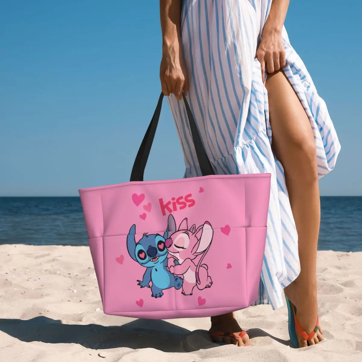 Custom Kiss Stitch Angel Beach Tote Bag Women Cute Big Compartment Gym Beach Travel Bags