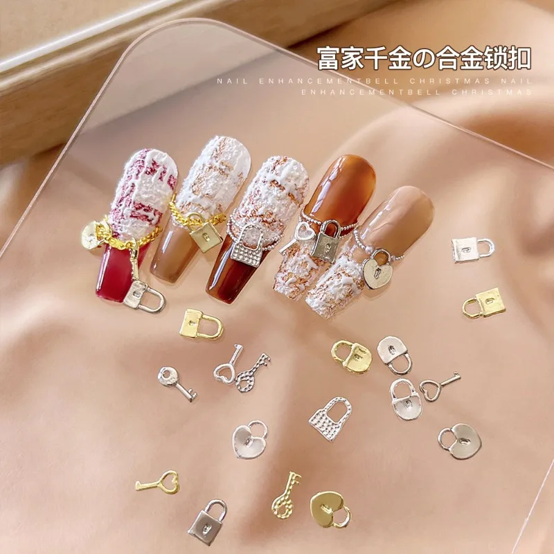 New Hot Sale 50pcs Mini Rich Daughter Lock DIY Nail Jewelry Metal Key Small Fragrance Style Love Alloy Nail Accessories