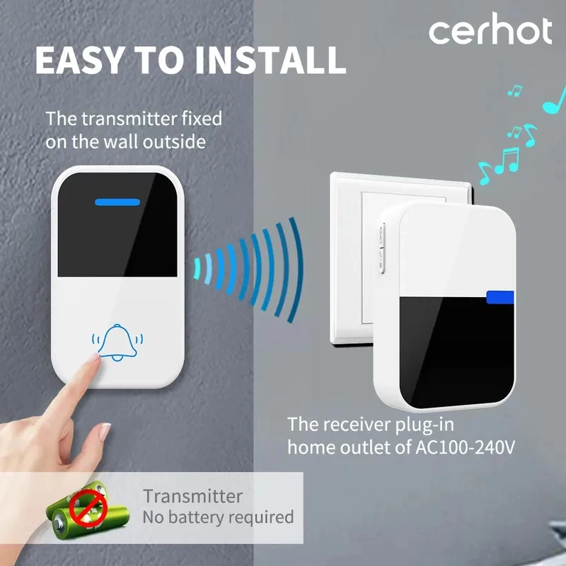 

No Battery Self Powered Wireless Doorbell Remote Control US/UK/EU Plug 38 Song Outdoor Waterproof Kinetic Button Door Bell Set