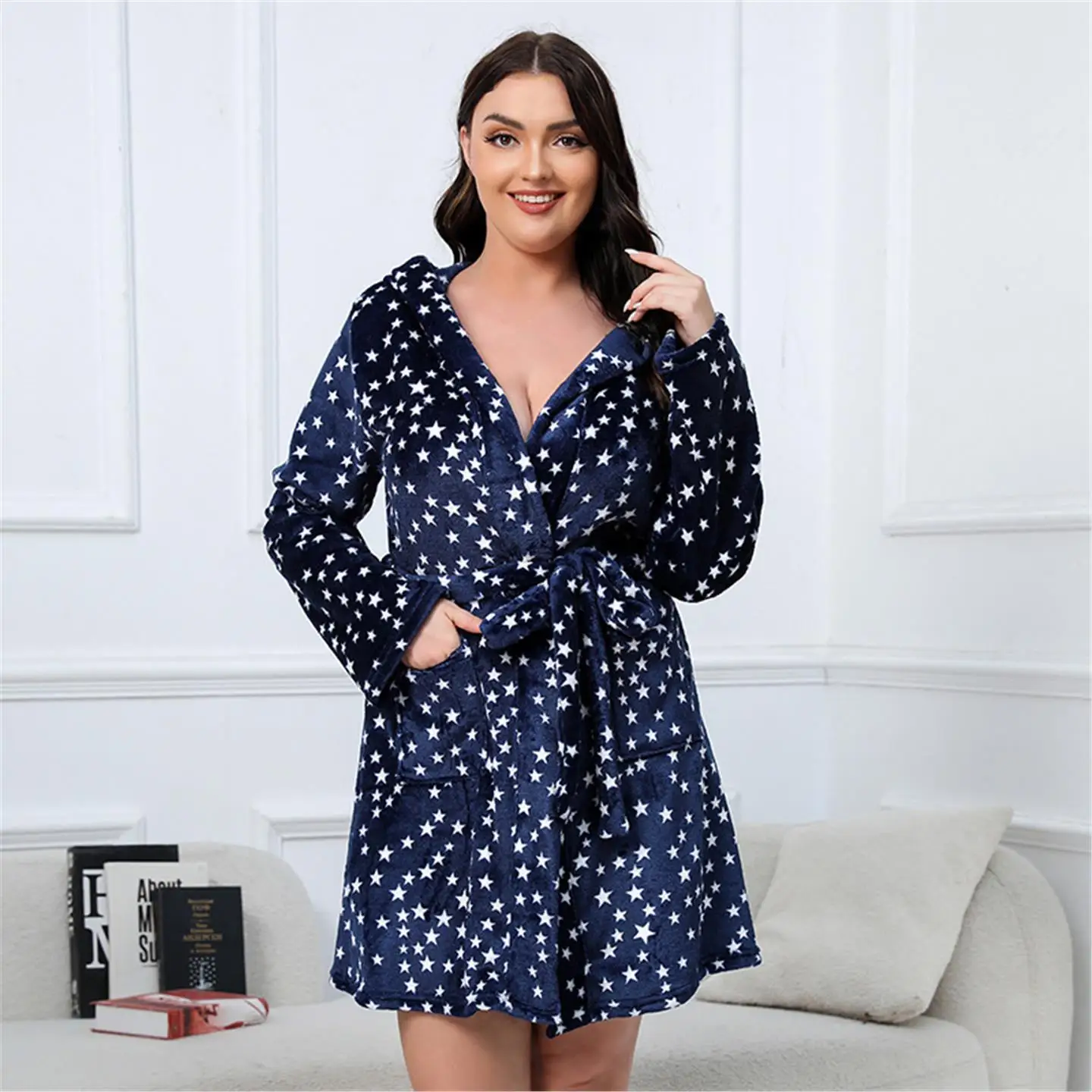 

Thiened Double-sided Flannel Batobe Nordic Winter Large Size with Hood Spwear for Women Warm Long Sve irt