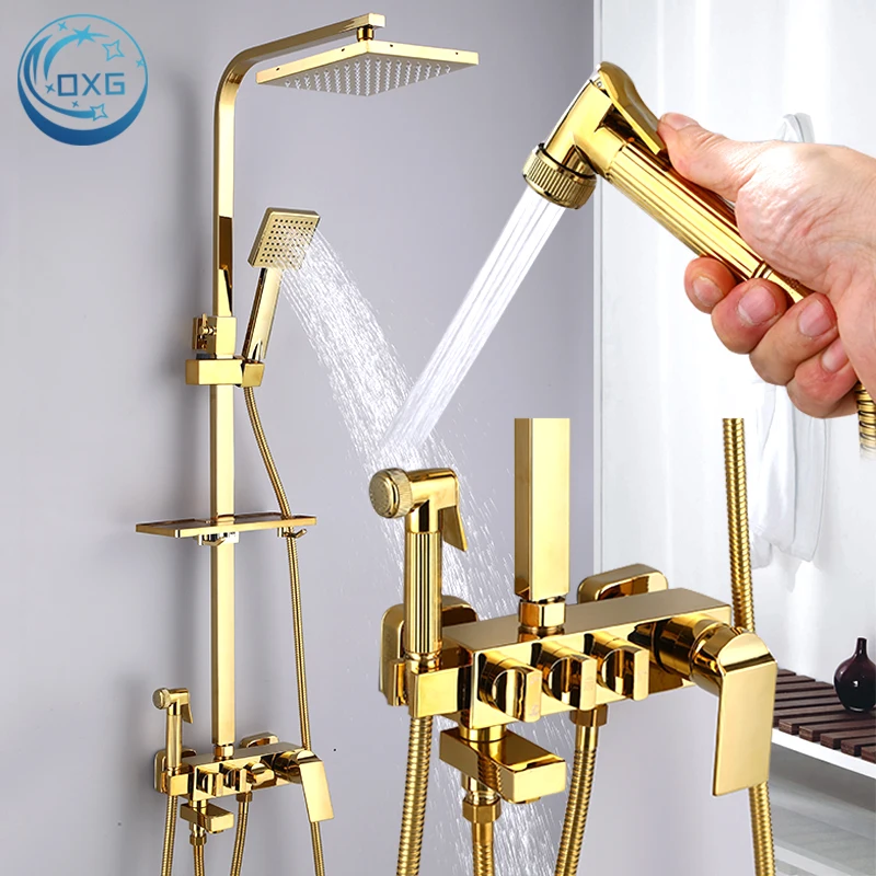 

OXG Bright Golden Shower Faucets Bathroom Shower Mixer Crane Thermostatic Shower Faucet Rain shower set 20/25/30CM Watering Can