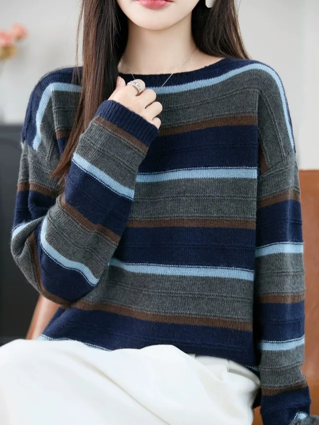 レトロストライプニットウェアラウンドネックレイジー女性用セーターハイエンドブランド新品2025ソフトウォームウールカジュアルファイオントップ