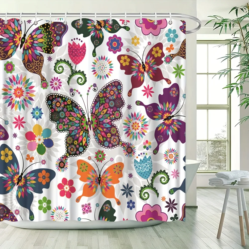 

Colorful Butterfly Flower Shower Curtain - Multi-Color Design, 10 Hooks, Floral Bath Decor