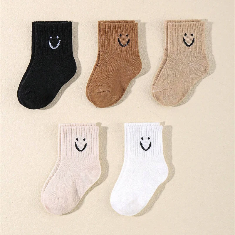 10 Pairs Random Smiling-Patterned Candy-Colored Kid's Socks, Versatile Girls' Mid-Calf Socks Suitable for All Seasons