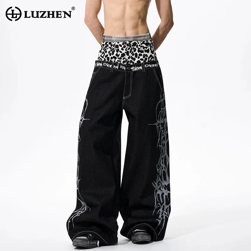 

LUZHEN 2025 New Original Design Multi Layered Leopard Print Splicing High Waist Straight Jeans Men's Stylish Streetwear JY4513
