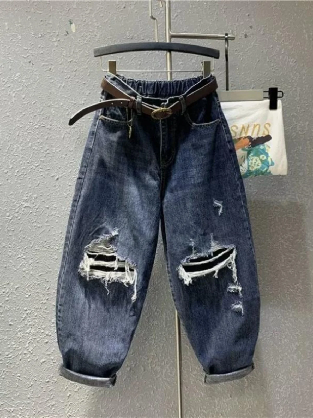 

Spring Autumn High Waist Harlan Women's Jeans Loose Fit Dad Sle Cabbage Pants Large Size Faded Denim Torn Hole Design