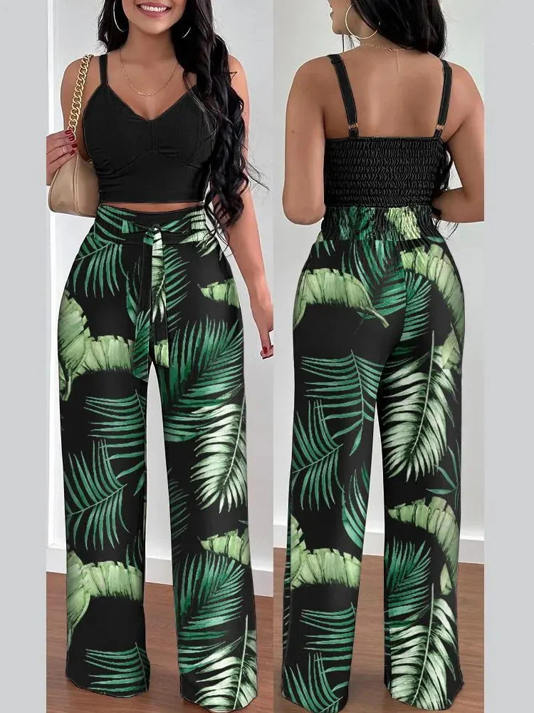 Women Fashion Print Halter V-Neck Short Tank Suit Tops Long Pants Matching Set Summer Casual Female Slim Pants Two Piece Sets