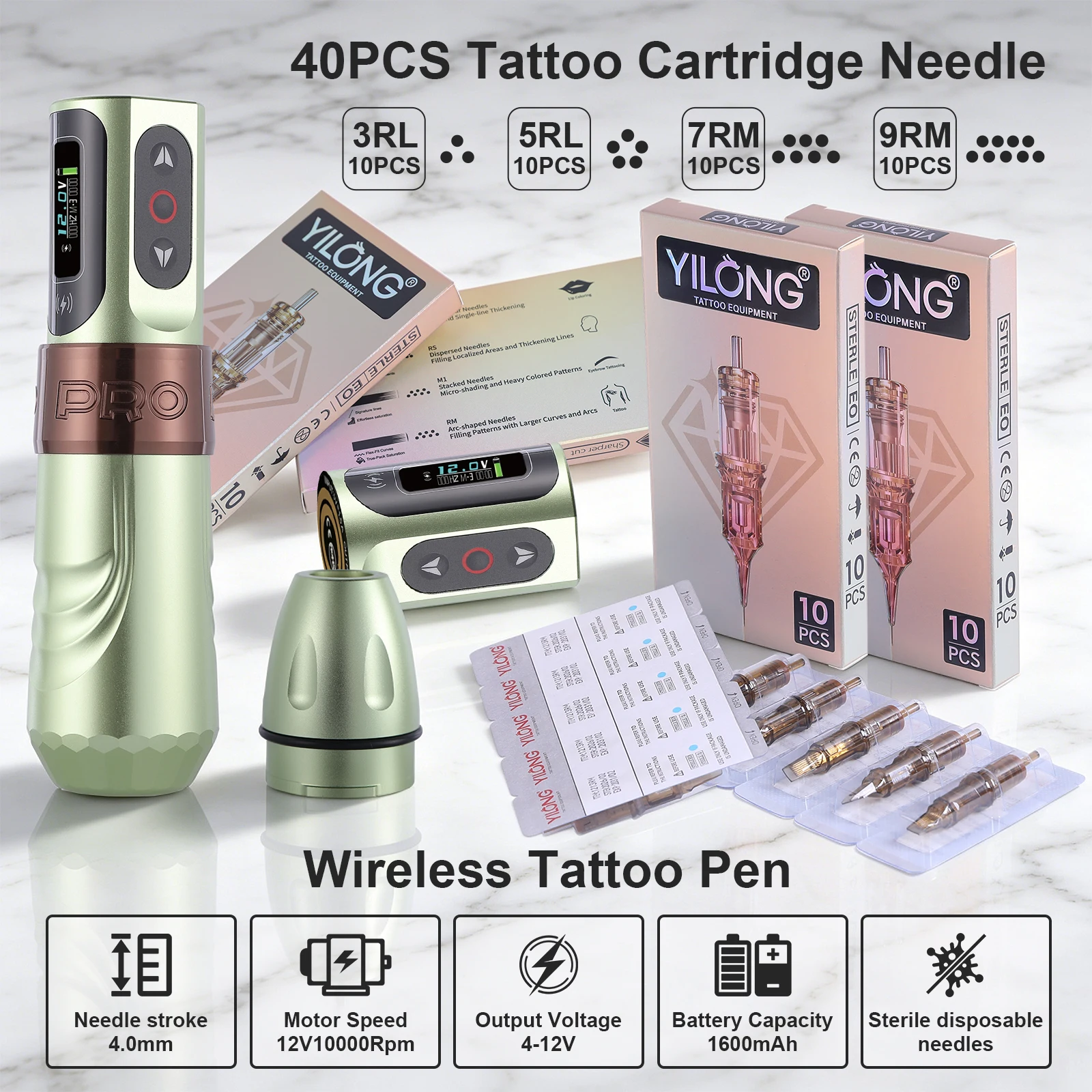 YILONG Wireless Pro Tattoo Pen Machine Kit 40PCS Mixed Cartridge Needles 4.0mm Stroke 1600mAh Battery Rotary Tattoo Gun for Tattoo Artists