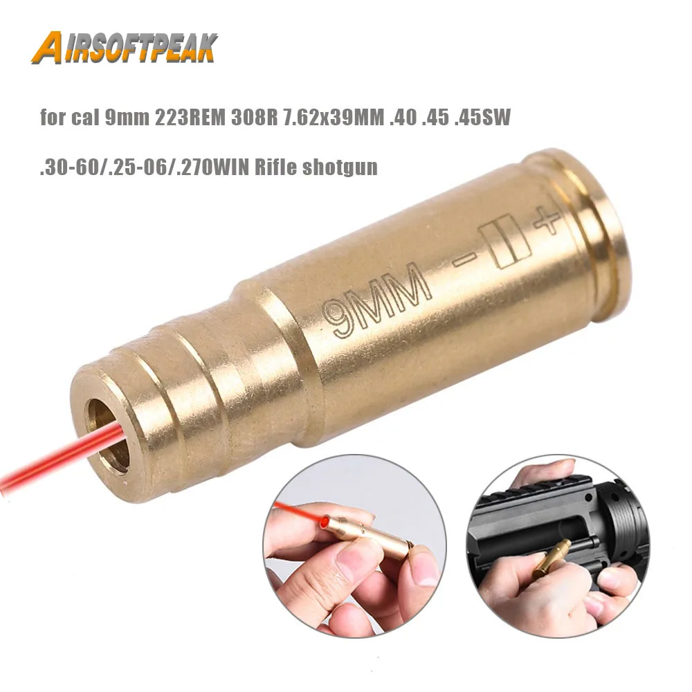 Tactical Red Dot Laser Brass Boresight CAL 9MM 223REM 308R 7.62x39MM .45 .45SW .30-60.25-06.270WIN Cartridge Bore Sighter