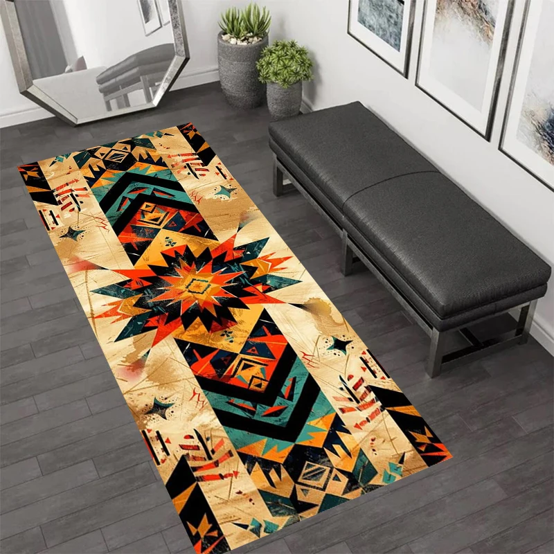 Bohemian Tribal Runner Rug Non-Slip Colorful Aztec Geometric Floor Mat Washable Carpet for Hallway Kitchen Living Room