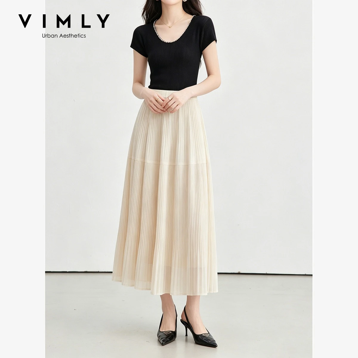 VIMLY Women's Elegant Apricot Fairy Skirt 2026 Summer New Versatile A-Line Pleated Midi Skirt Female Simple Daily Wear 31201