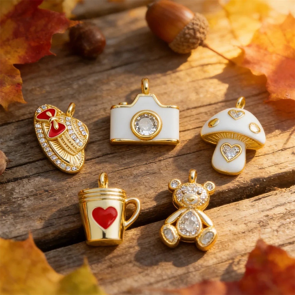 4Pcs Pendant Cute Camera Ice Cream Cup Bear Shoe Charms Brass Enamel Zircon for DIY Jewelry Making Bracelet Necklace Accessories