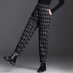 Autumn Winter Women Clothing Plus Velvet Woolen Pants Plaid Pocket Elastic High Waist Fashion Casual Haren Ankle Length Trousers