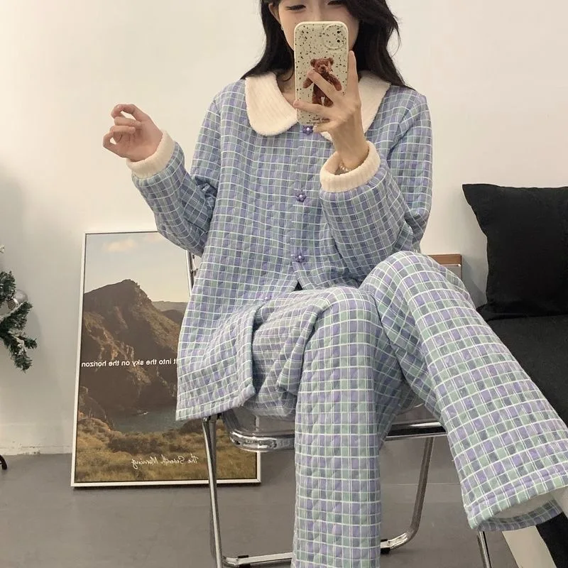 Sweet checkered pajamas women autumn winter thickened air cotton layer warm casual cotton-padded jacket large size home wear