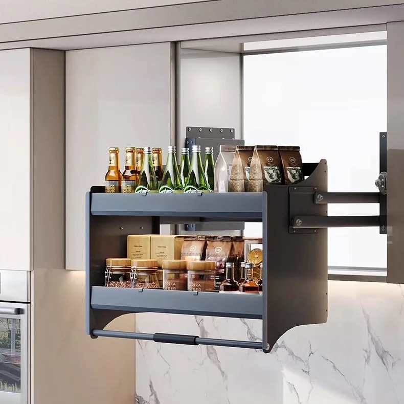 

Multi-functional Pull Down Shelf Hanging Snack and Beverage Storage Pull-out Drawer Basket Kitchen Cabinets Lifting Baskets