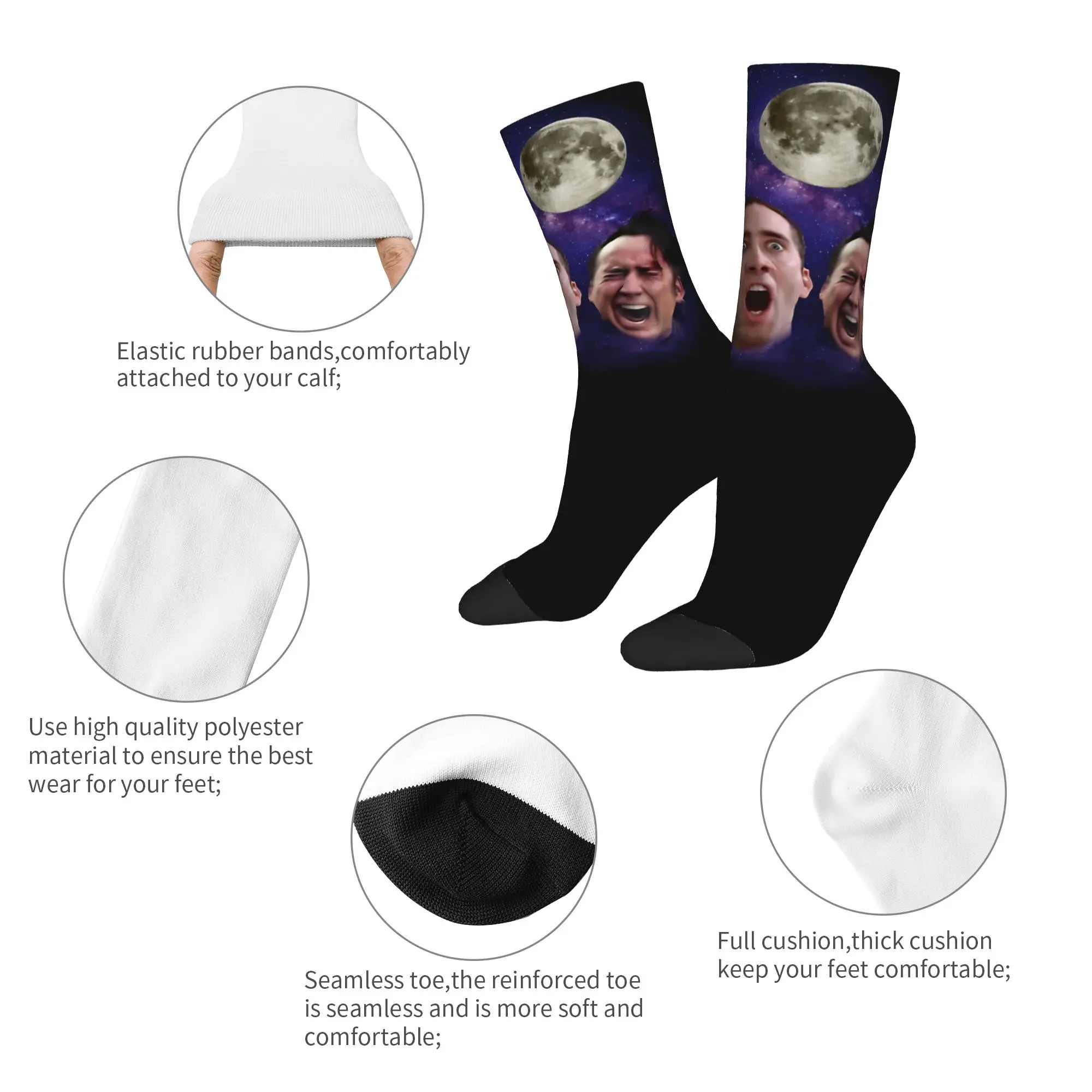 New Male Men Socks Harajuku Three Cage Moon Sock Polyester Nicolas Cage Graphic Women Stockings Spring Summer Autumn Winter