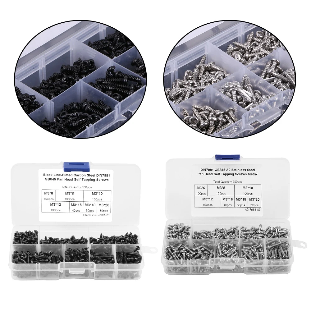 M3 Drive Button Head Self Tapping Screws Fastener Assortment Set with Plastic Box Self Tapping Screws M3 Screws Set