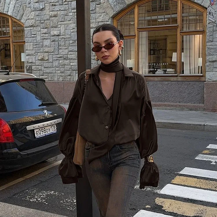 

Fmxires Fashion Satin Loose Shirts Top For Women Long Sleeve Lapel Patchwork Commute Summer 2025 New Vintage Inner Shirts Female