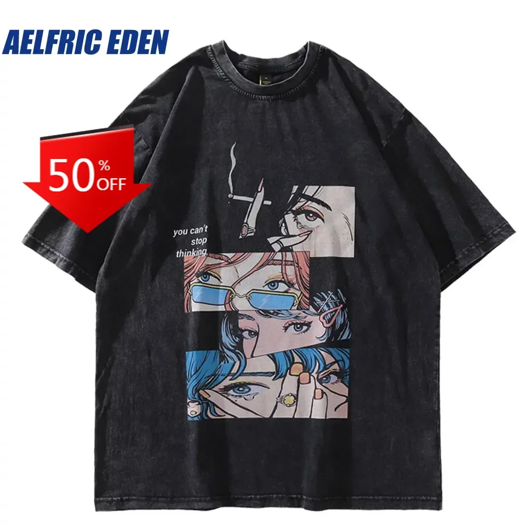 

Aelfric Eden Distressed Oversize T Shirt Streetwear Japanese Anime Eyes Print Retro Tshirt 2023 Hip Hop Casual Loose T-Shirt