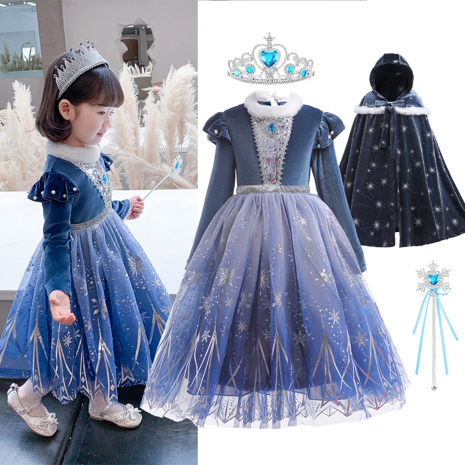 

Детское платье принцессы Снежной королевы, зимний плащ для девочек, пальто с капюшоном, накидка, зимняя одежда с длинными рукавами для дня рождения, карнавала и вечеринки