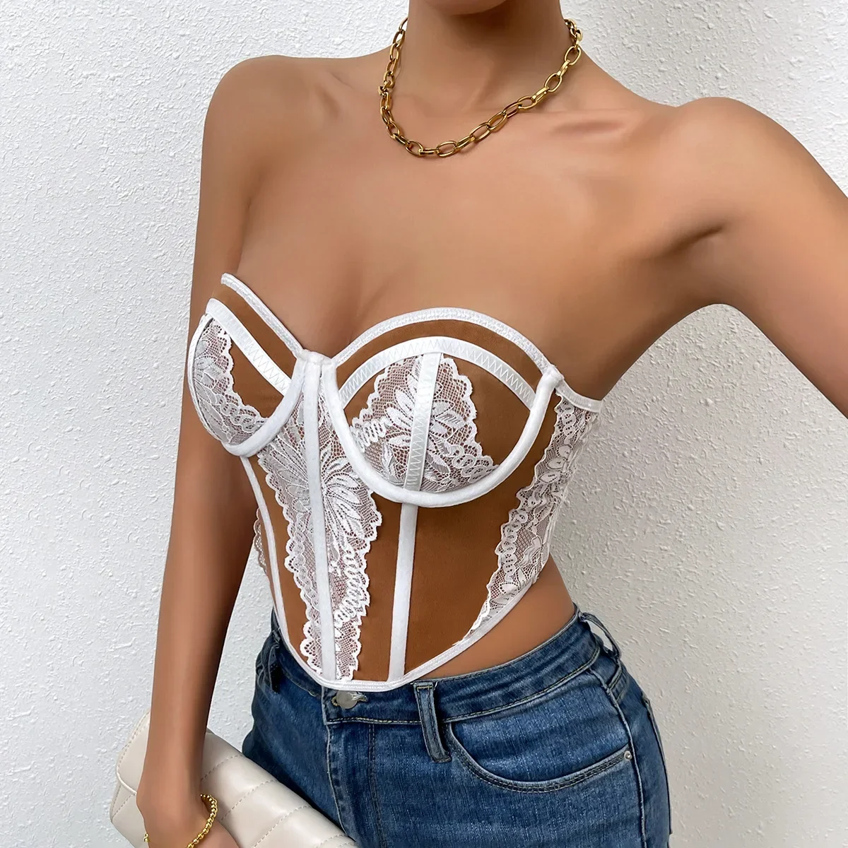 Women Corset Crop Tops Off Shoulder Sexy V Neck Bone Lace Patchwork Y2k Waist Shapewear Tank Cincher Underbust Body Shaper