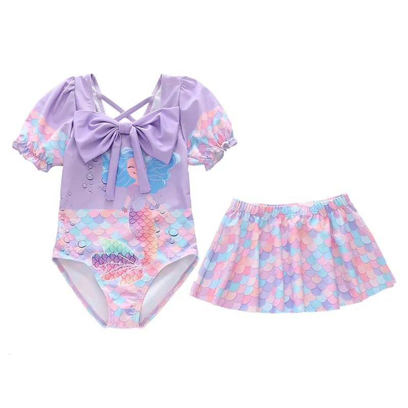 

HappyFlute Fashion Style 2Piece Set Short Sleeve With Cute Skirt Mermaid Print Sunscreen Beach Travel Swimsuit