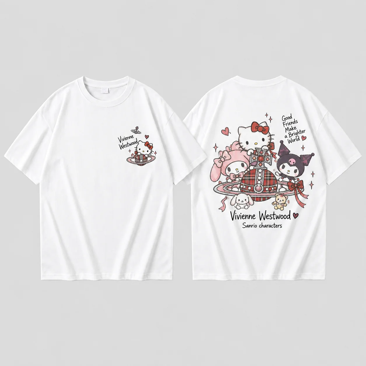 Sanrio Hello Kitty Good Friends Parent Child Graffiti Print T Shirt Men's Women's White Kawaii Cute Streetwear Short Sleeve Top