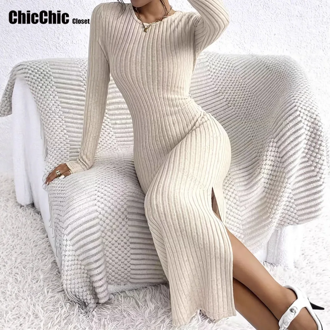 Weiblicher Pullover, Oberschenkel, gerippt, figurbetontes Kleid, lässig, langärmelig, O-Ausschnitt, Kleid für Herbst und Winter, Damenbekleidung, 2025, Neu