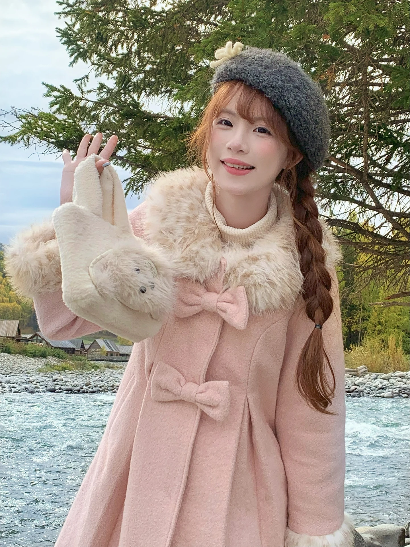 

Pink Velvet Coat with Faux Fur Collar And Bowknot for Young Women Thiened Autumn Winter Outerwear Sweet Girl Sle Online E...