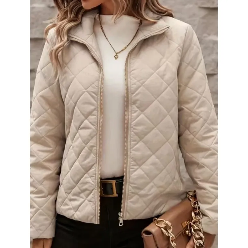 Damska beżowa kurtka pikowana w romby, lekka, ze stójką, codzienna odzież wierzchnia na jesień i zimę 2025, proste kurtki damskie.
