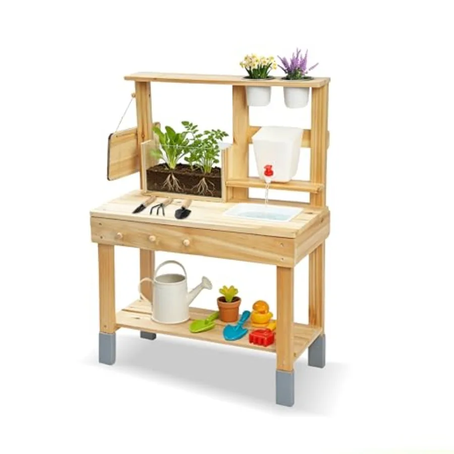 Outdoor Kids Potting Bench With Clearview Planter, Wooden Garden Station In Natural Wood Color Featuring Faucet, Chalkboard, Si