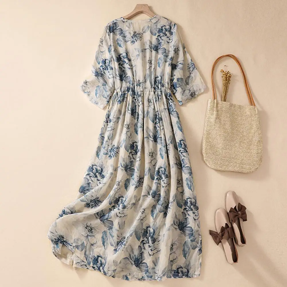 

Printed Dating Dress Floral Print A-line Midi Dress with Elastic Waist Side Pockets for Women Retro Style Pleated for Wear