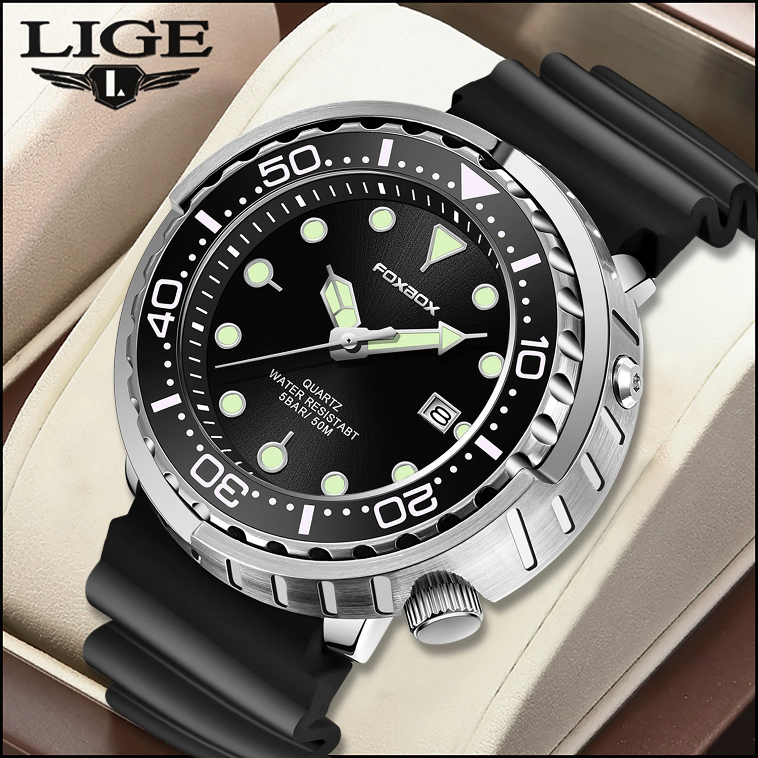 2026 LIGE Fashion Mens Watches Foxbox Top Brand Luxury 5ATM Sports Waterproof Watch for Men Quartz Date Clock Luminous Watch+Box