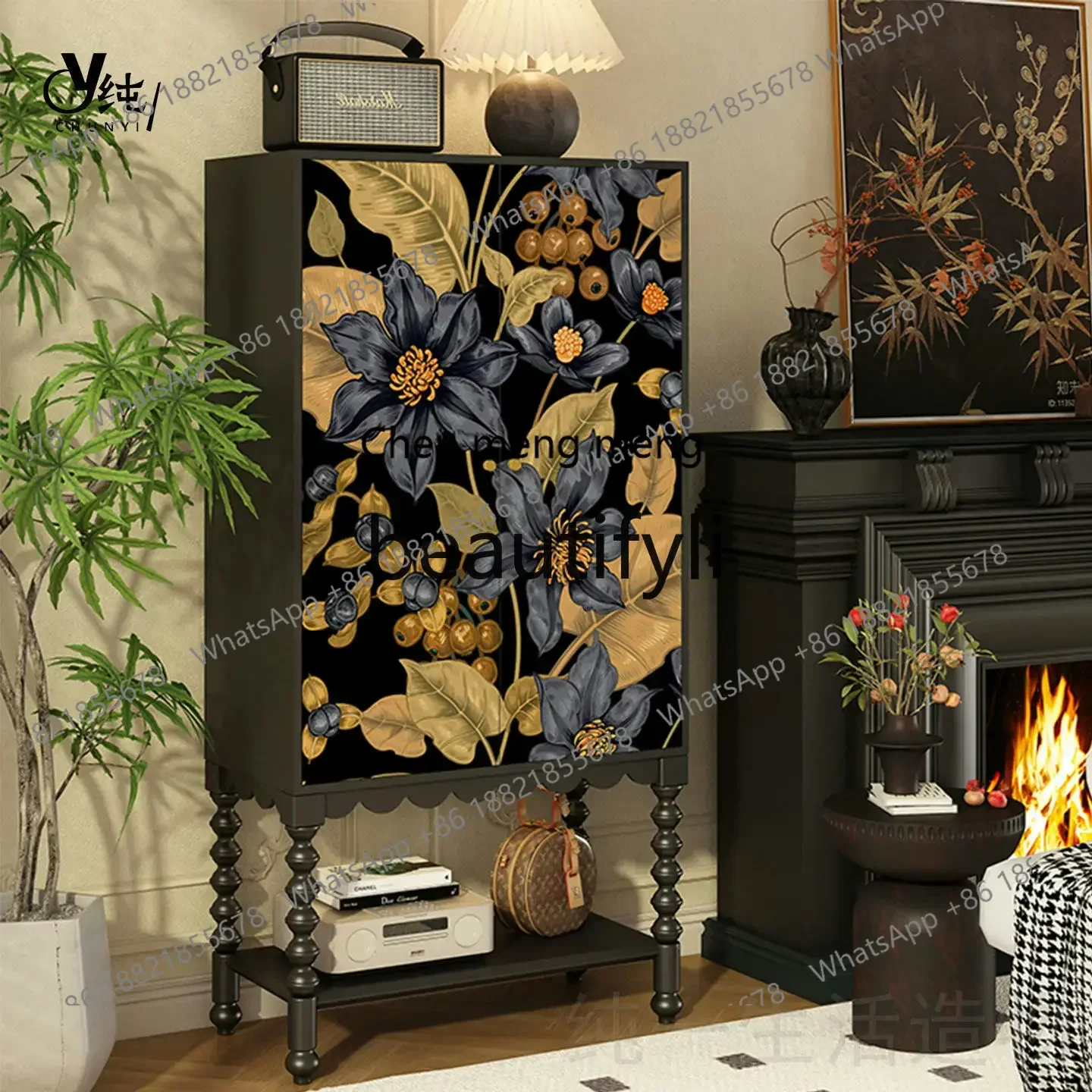 

A32 French Retro Solid Wood High Cabinet Floral TV Cabinet Living Room Decorative Storage Cabinet