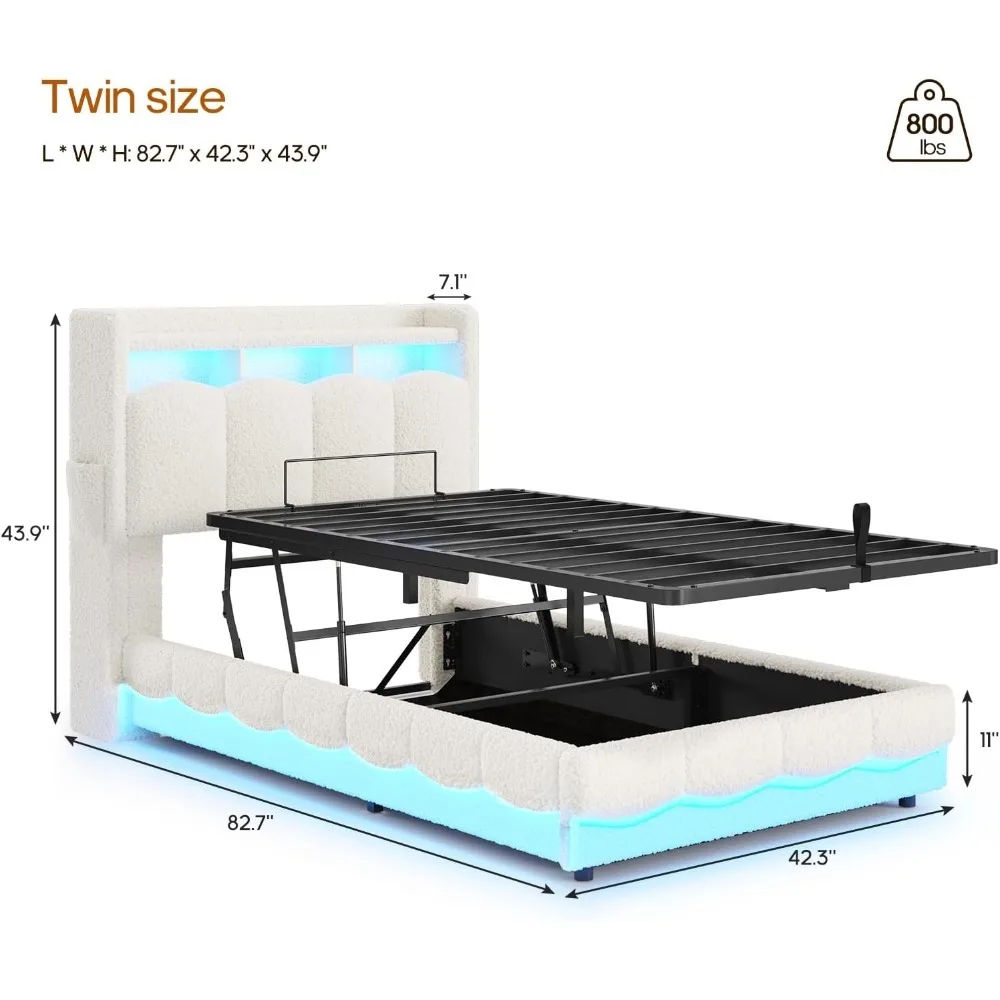 إطار سرير مزدوج للتخزين مع لوح أمامي ومنصة منجدة هيدروليكية وأضواء LED ومحطة شحن باللون البيج #2