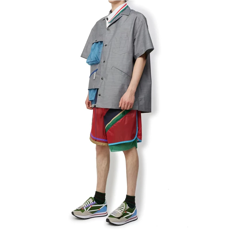New Arrival 23SS KOLOR Abe Double Color Irregular Collar Meshcolor Blocked Short Sleeve Shirt for Men
