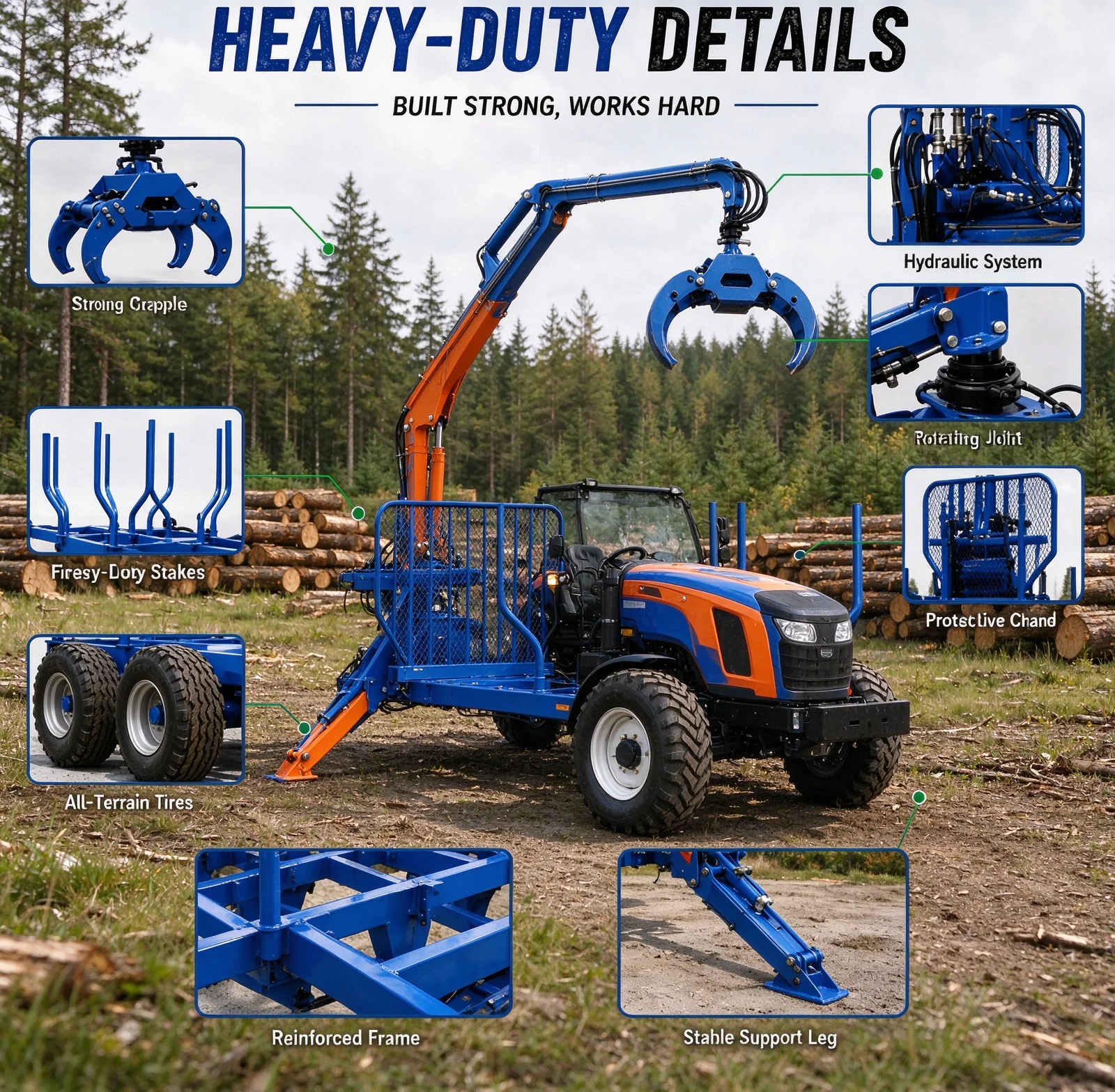 Timber Log Hauler Trailer with Hydraulic Crane, All Terrain Mud Tires Log Transport Machine for Private Forest Logging