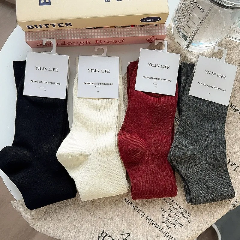 Ancla Red Long Bowknot Knitted Stockings Women Solid Color Elastic Socks Sweet Bowknot Embroidery Girls Vertical Knee-high Socks